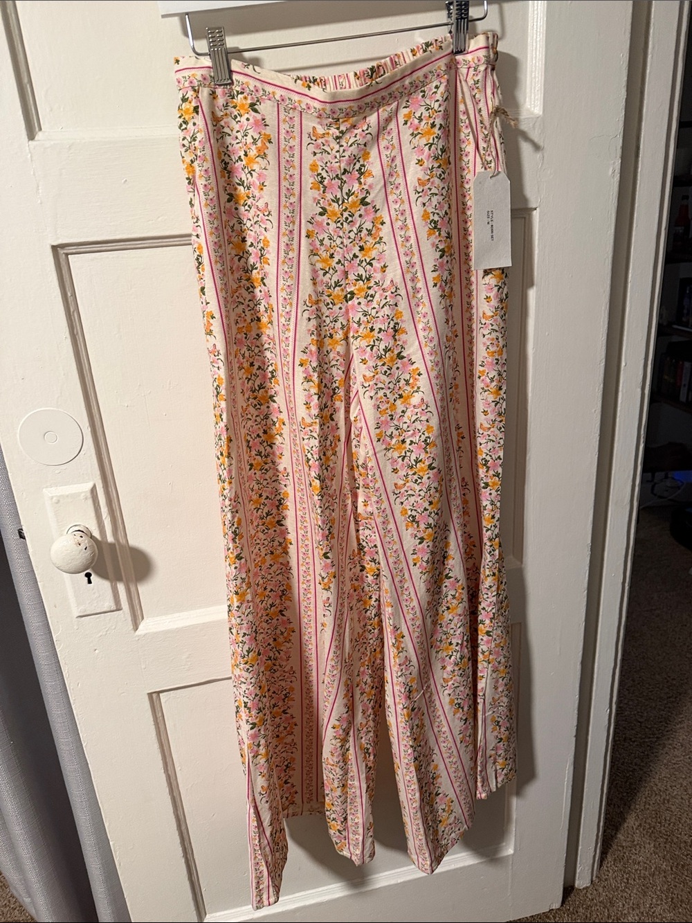 NWT Midnight Sky Pink Floral Stripe Wide-Leg Cotton-Blend Palazzo Pants Pockets
